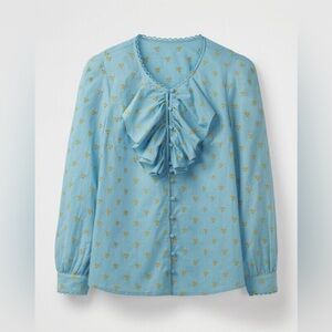 Boden Robins Egg Blue Long Sleeve Blouse, Yellow Embroidered Eyelets Size 12